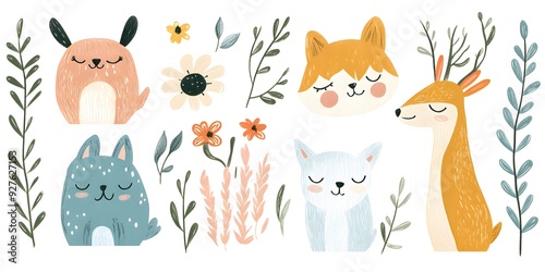 Cute Boho Woodland Clipart featuring whimsical forest animals and nature-inspired elements in a soft, bohemian style.