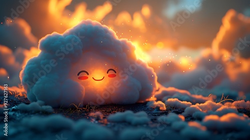 A sweet, blushing cloud with a shy grin and soft pink cheeks, drifting across a sunset sky, with hues of orange, pink, and purple blending together, creating a serene and peaceful scene, hd quality, photo