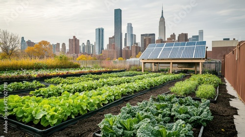 Rooftop Garden with City Skyline and Solar Panels - Sustainable Urban Farming.