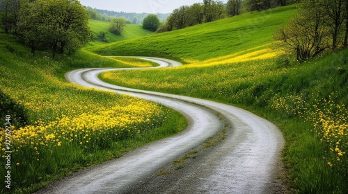 A winding country road through lush green fields, with yellow flowers scattered along the path, creating a tranquil and inviting landscape.