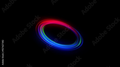 Multicolored rings rotate on a dark background. Seamless loop.