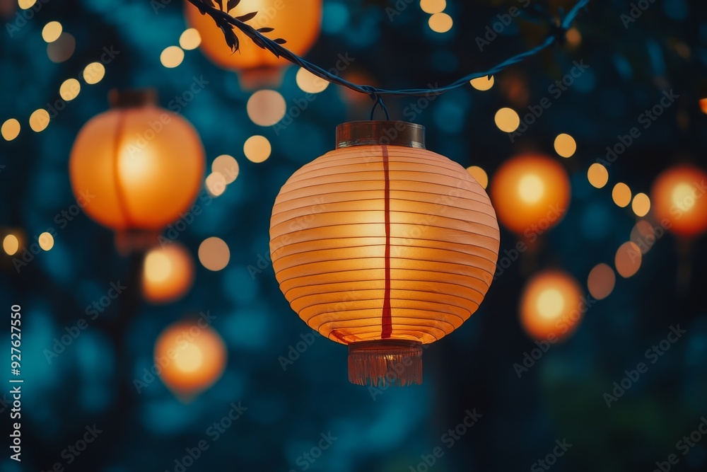 Illuminated orange lantern with blurred lights in background Illuminated orange lantern with blurred lights in background