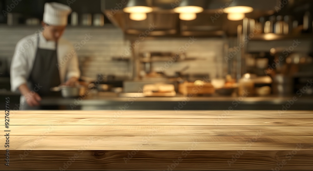 Restaurant kitchen with empty wooden table top and a busy chef working in restaurant kitchen on Blurred background. For product display montage Restaurant kitchen with empty wooden table top and a busy chef working in restaurant kitchen on Blurred background. For product display montage