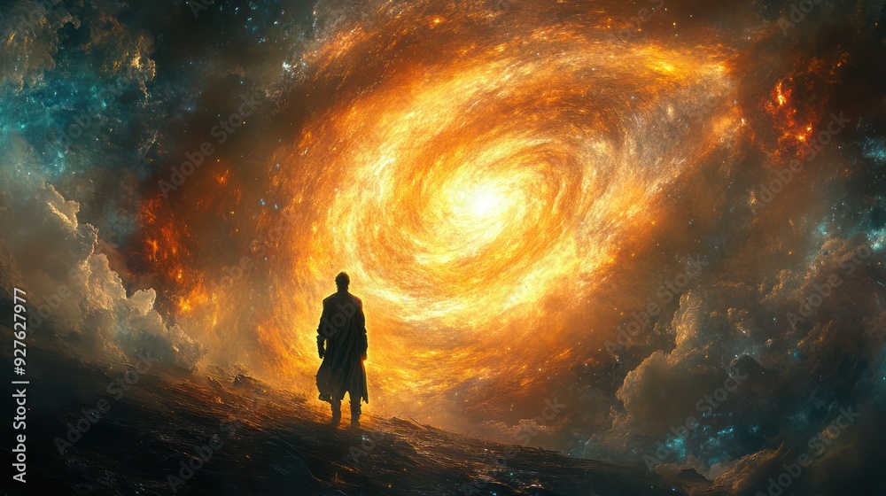 cosmic and ethereal scene featuring a powerful Chosen One standing firm amidst a swirling battle of light cosmic and ethereal scene featuring a powerful Chosen One standing firm amidst a swirling battle of light