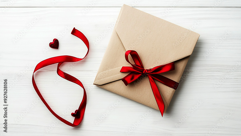 An envelope and gift box with a red ribbon on a white background An envelope and gift box with a red ribbon on a white background