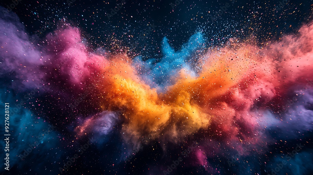 A close-up capturing the moment of a colorful powder explosion, with vibrant hues scattering through the air in a dynamic burst of energy A close-up capturing the moment of a colorful powder explosion, with vibrant hues scattering through the air in a dynamic burst of energy