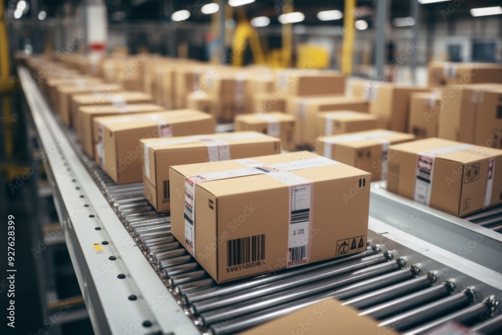 Multiple cardboard packages on a conveyor belt in warehouse Multiple cardboard packages on a conveyor belt in warehouse