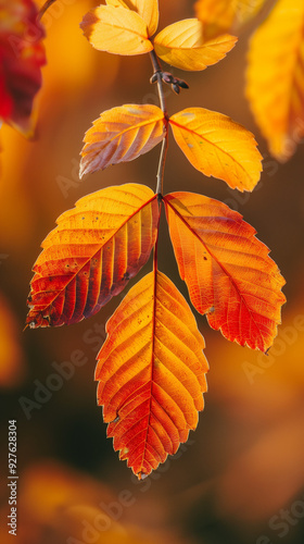 Close-up of Red and Yellow Leaves in Autumn with Soft Lighting