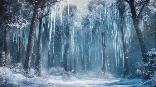 Icy Forest with Snow and Icicles Hanging from Trees