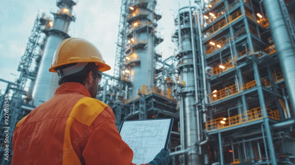 Engineers wearing safety gear, including hard hats examining survey a large blueprint tablet standing industrial facility gas or oil refinery