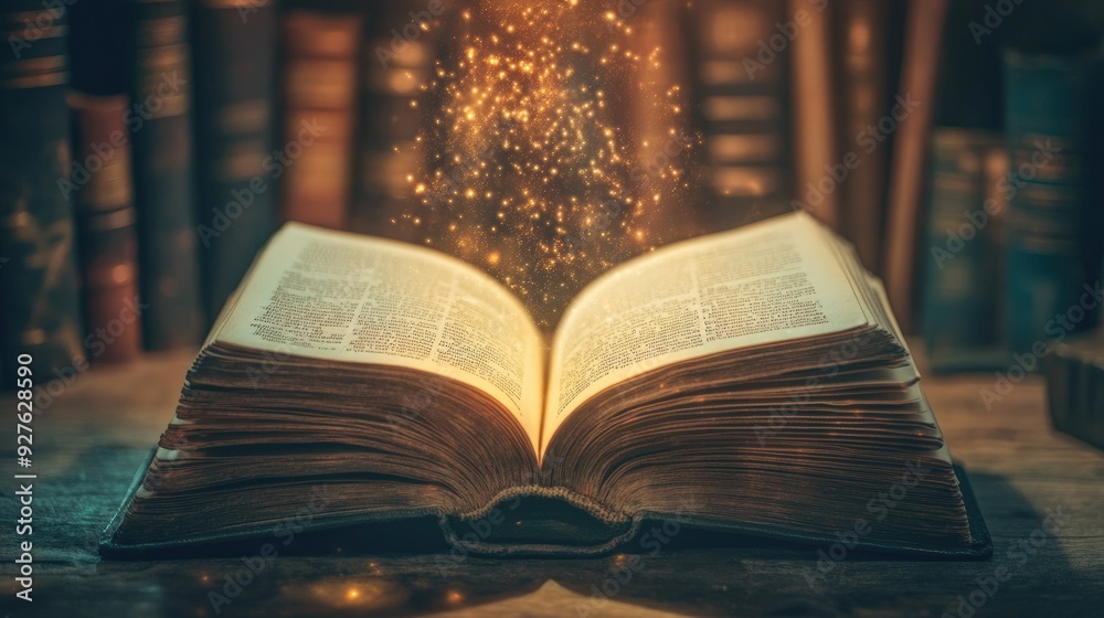 Fototapeta premium An open book with light pouring out, symbolizing the magic of storytelling and endless possibilities.