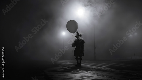 Black and White Creepy Clown with Red Balloon, Foggy Night Horror, Sinister Mood