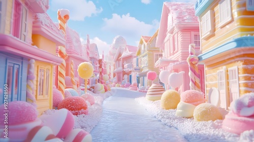 A soft pastel colorful village filled with candies, ice cream, and lollipops, creating a whimsical and dreamy sweet paradise.
