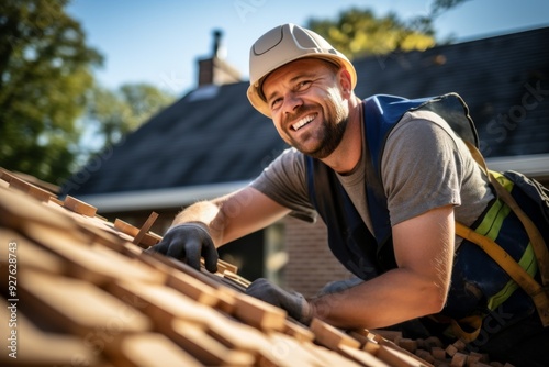 Smiling construction worker is laying roof tiles