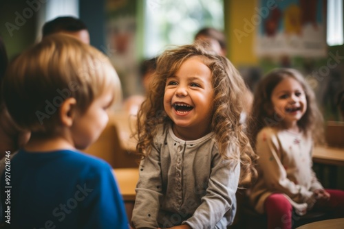 Group of smiling toddlers playing inside a kindergarten