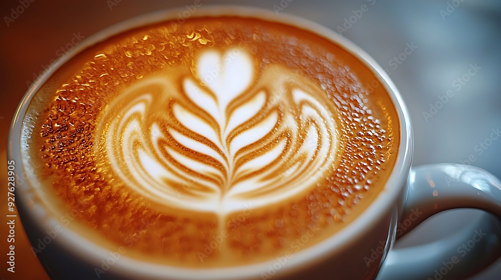 A close-up of intricate latte art, with delicate patterns and swirls of steamed milk creating a visually stunning masterpiece atop a cup of coffee A close-up of intricate latte art, with delicate patterns and swirls of steamed milk creating a visually stunning masterpiece atop a cup of coffee