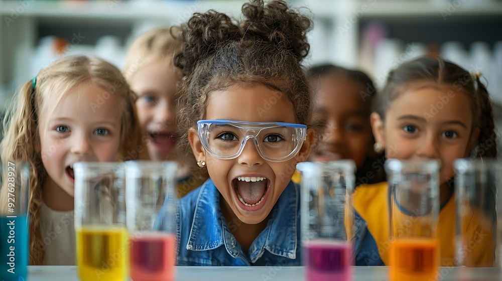 A diverse group of children excitedly conducting experiments in a science lab, their curiosity and enthusiasm filling the room with energy A diverse group of children excitedly conducting experiments in a science lab, their curiosity and enthusiasm filling the room with energy