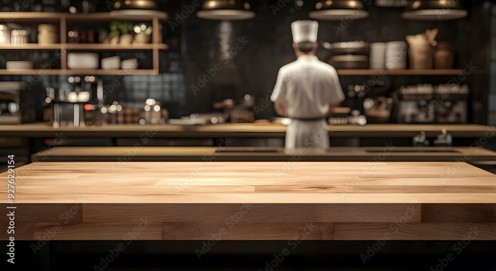 Restaurant kitchen with empty wooden table top and a busy chef working in restaurant kitchen on Blurred background. For product display montage Restaurant kitchen with empty wooden table top and a busy chef working in restaurant kitchen on Blurred background. For product display montage