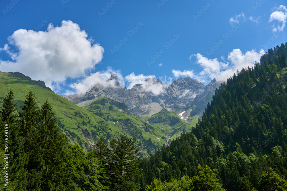 spectacular view on the Allgaeu High Alps with Trettach Spitze and Maedelegabel in the Rappenalpen Valley south of Oberstdorf, Bavaria, Germany spectacular view on the Allgaeu High Alps with Trettach Spitze and Maedelegabel in the Rappenalpen Valley south of Oberstdorf, Bavaria, Germany