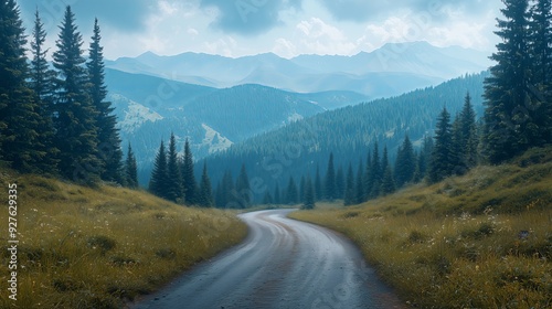 A winding road through a lush mountain valley, with towering pines and a misty, blue sky.