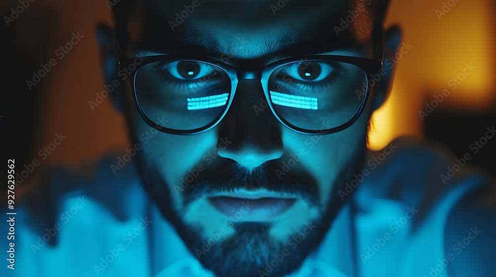A focused Middle-Eastern man in glasses illuminated by blue light, conveying intensity and concentration as he engages with digital technology. A focused Middle-Eastern man in glasses illuminated by blue light, conveying intensity and concentration as he engages with digital technology.