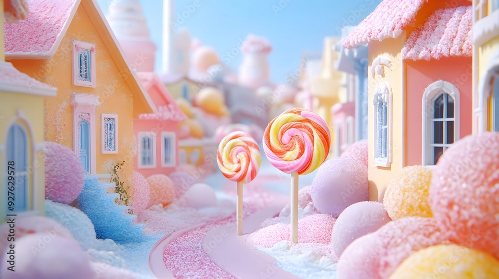 A soft pastel colorful village filled with candies, ice cream, and lollipops, creating a whimsical and dreamy sweet paradise. A soft pastel colorful village filled with candies, ice cream, and lollipops, creating a whimsical and dreamy sweet paradise.
