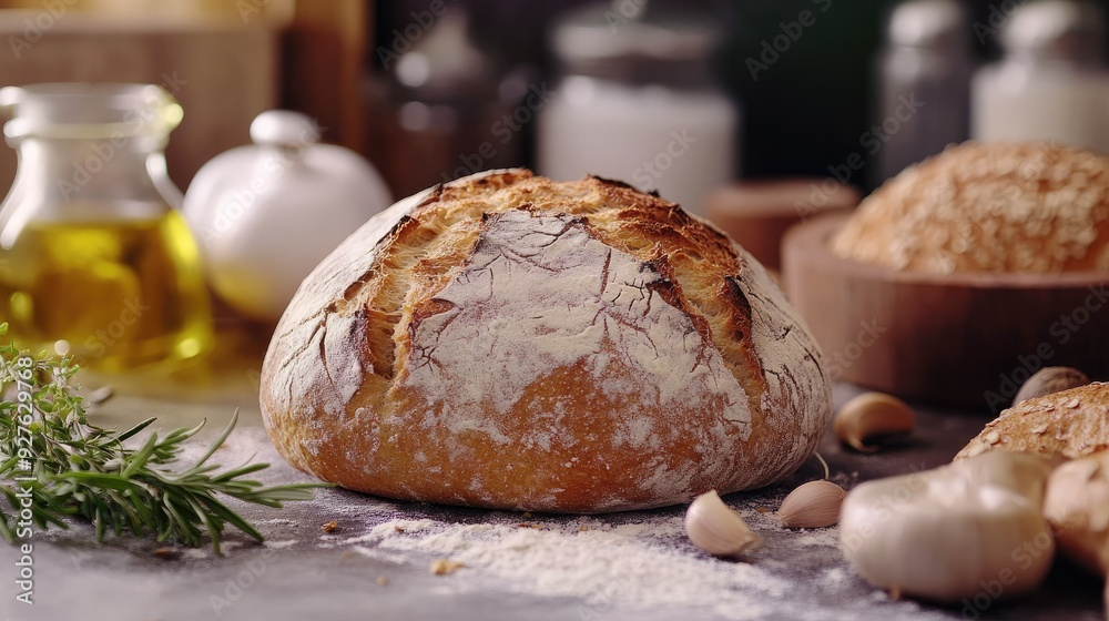 Close-up of a crusty homemade sourdough loaf, surrounded by ingredients, perfect for a recipe idea. 1 Close-up of a crusty homemade sourdough loaf, surrounded by ingredients, perfect for a recipe idea. 1