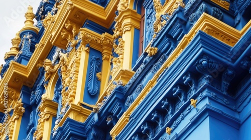 Close-up of a blue and yellow building, showcasing its elaborate and intricate design, with fine details and decorative elements that stand out.