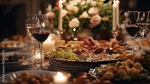 Close-up of a dinner party spread with elegant dishware, wine, and beautifully arranged food, set against a backdrop of soft lighting and laughter.