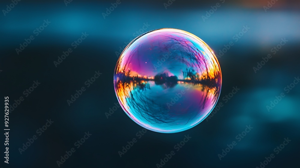 A close-up of an iridescent soap bubble, its surface reflecting a rainbow of colors as it floats delicately in the air A close-up of an iridescent soap bubble, its surface reflecting a rainbow of colors as it floats delicately in the air