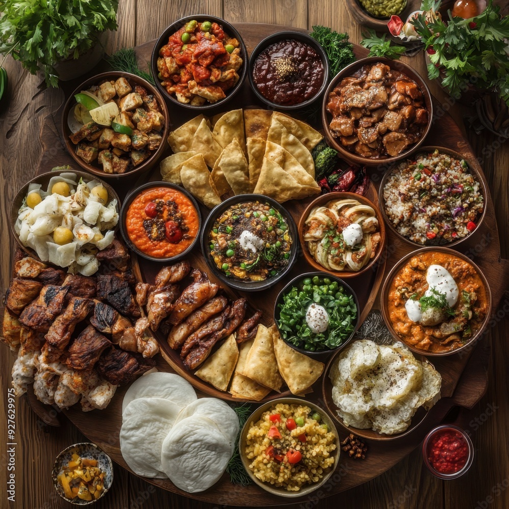 A variety of international cuisines arranged on a global themed platter, highlighting the diversity and unity of global food concepts. A variety of international cuisines arranged on a global themed platter, highlighting the diversity and unity of global food concepts.