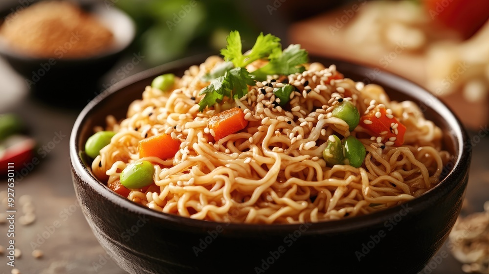 Close-up of Chinese instant noodles with a savory sauce, garnished with sesame seeds and fresh vegetables, served in a traditional ceramic bowl. Close-up of Chinese instant noodles with a savory sauce, garnished with sesame seeds and fresh vegetables, served in a traditional ceramic bowl.