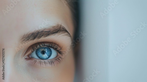 Close up of a woman s eye showcasing vibrant blue iris and detailed eyelashes against a soft blurred background