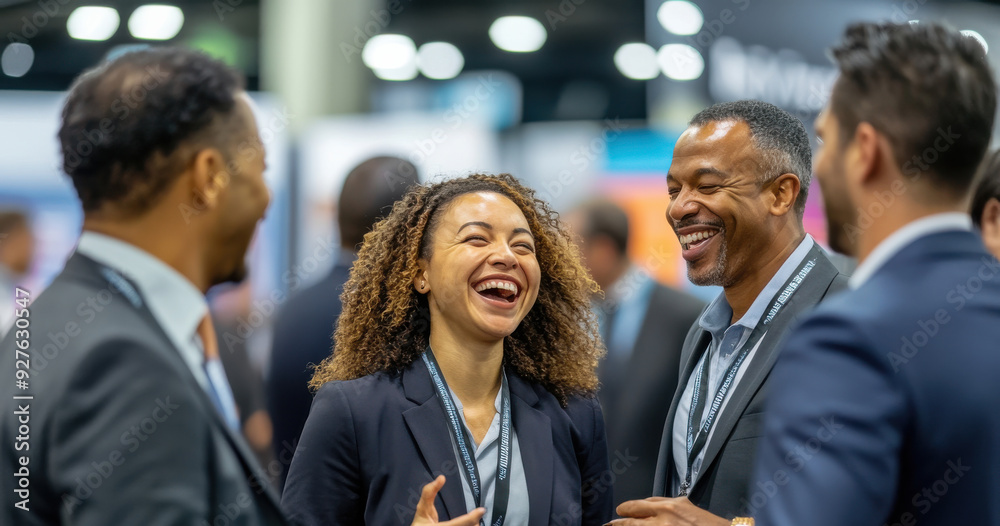 A gathering of business executives networking at a professional industry event, fostering connections at a trade show. A gathering of business executives networking at a professional industry event, fostering connections at a trade show.