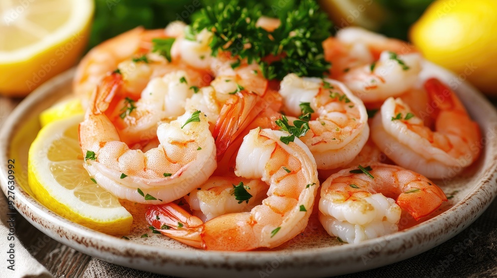 Cooked shrimp on a plate with lemon slices and parsley, creating a visually appealing dish that showcases the vibrant colors and textures. Cooked shrimp on a plate with lemon slices and parsley, creating a visually appealing dish that showcases the vibrant colors and textures.