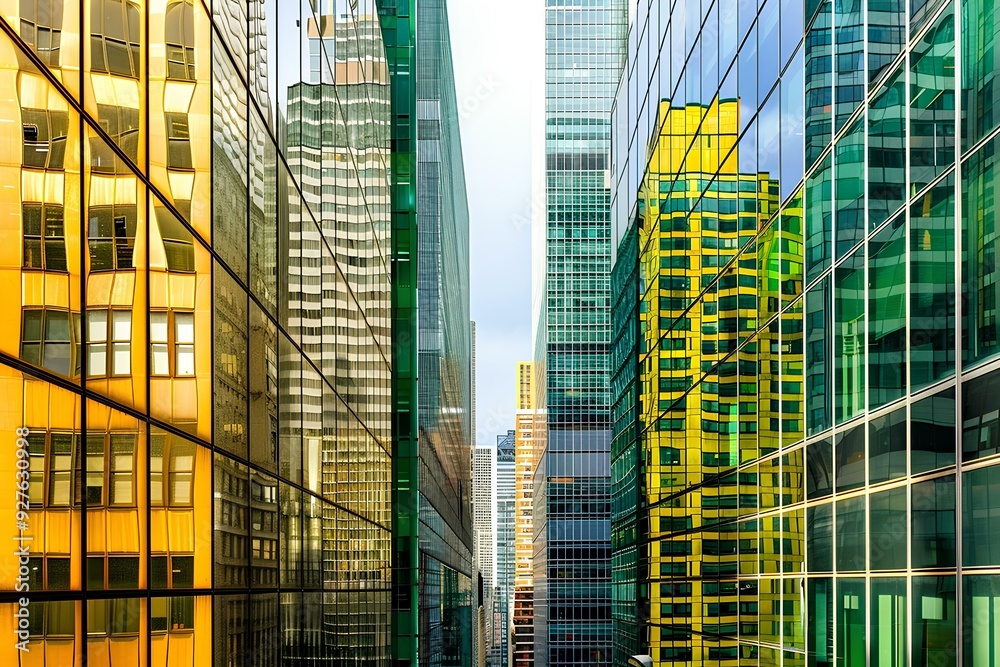 Fototapeta premium Close-up of a tall skyscraper in New York City, a glass building with yellow and green reflections, surround with buildings, cityscape background, evening light