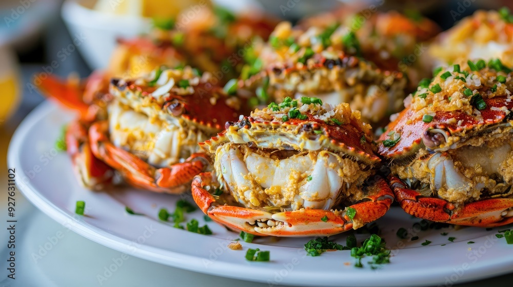 Detail shot of blue crabs stuffed with a rich filling, displayed on a white plate, capturing the vibrant colors and inviting textures. Detail shot of blue crabs stuffed with a rich filling, displayed on a white plate, capturing the vibrant colors and inviting textures.