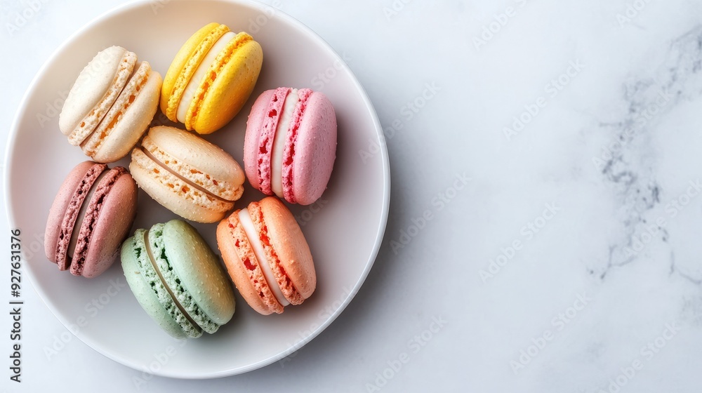 Fototapeta premium Elegant plate of colorful macarons, beautifully arranged with a minimalist, artistic touch.