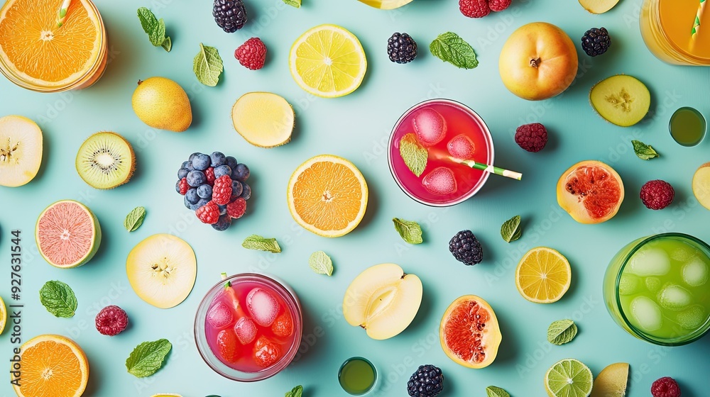 Flat lay of summer fruits and vibrant drinks on a pastel background, arranged in a playful, minimalistic pattern. Flat lay of summer fruits and vibrant drinks on a pastel background, arranged in a playful, minimalistic pattern.