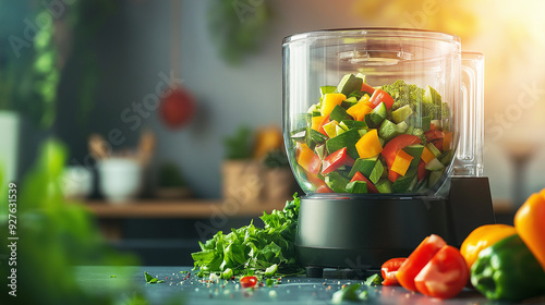 A modern food processor efficiently chops fresh vegetables in a kitchen setting, emphasizing healthy meal preparation and convenience. Vibrant ingredients enhance the appeal of home cooking. photo