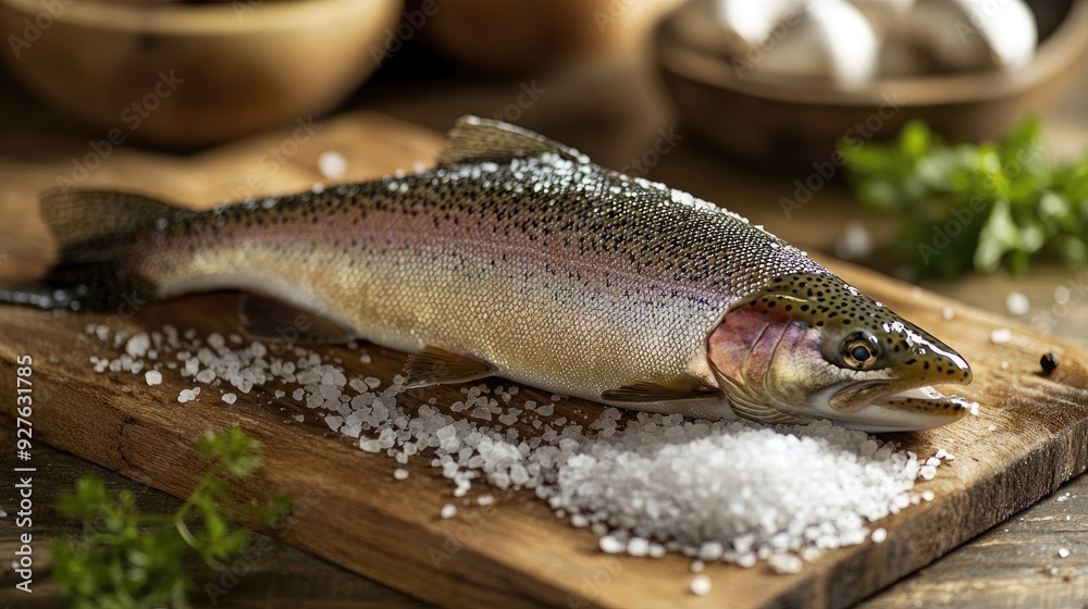 Fresh rainbow trout with kosher salt, styled simply on a wooden surface, highlighting natural textures. Fresh rainbow trout with kosher salt, styled simply on a wooden surface, highlighting natural textures.