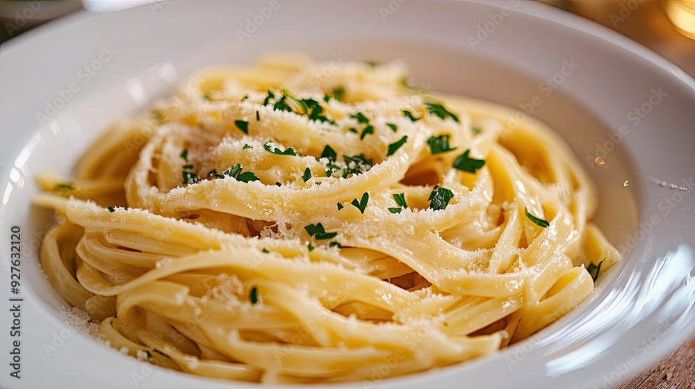 Freshly prepared Italian pasta with creamy Alfredo sauce, garnished with parsley and freshly grated parmesan, served in a white ceramic bowl. Freshly prepared Italian pasta with creamy Alfredo sauce, garnished with parsley and freshly grated parmesan, served in a white ceramic bowl.