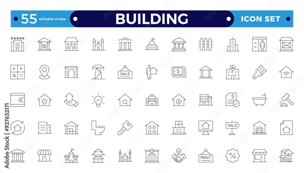 Building web icons in line style. Hotel, hospital, apartment, city, town house, mall, coffee, collection. Editable stroke outline icon. Building web icons in line style. Hotel, hospital, apartment, city, town house, mall, coffee, collection. Editable stroke outline icon.