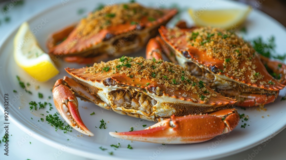 Freshly prepared stuffed blue crabs with a golden crust, served on a clean white plate, with hints of lemon wedges and a sprinkle of parsley. Freshly prepared stuffed blue crabs with a golden crust, served on a clean white plate, with hints of lemon wedges and a sprinkle of parsley.