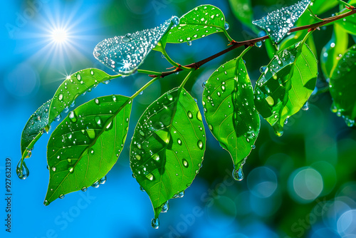 Fresh leaves glistening with dew in the morning sunlight symbolize growth and renewal