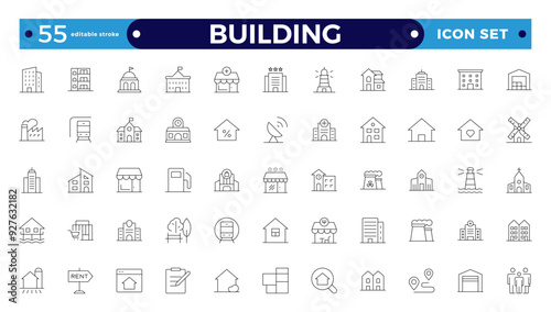 Building web icons in line style. Hotel, hospital, apartment, city, town house, mall, coffee, collection. Editable stroke outline icon. 