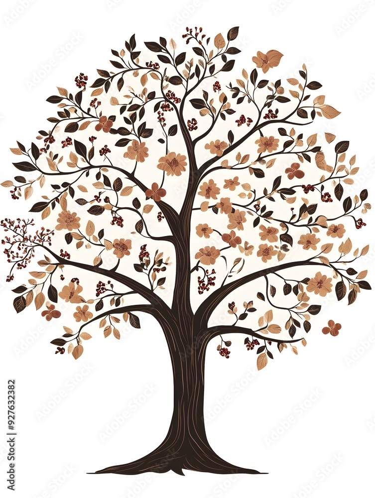 A stylized tree with brown branches and orange leaves on a white background. A stylized tree with brown branches and orange leaves on a white background.