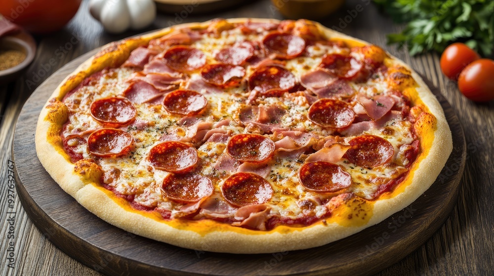 Hot and delicious pepperoni pizza, topped with gooey cheese, bacon, ham, fresh tomatoes, and paprika, creating a mouthwatering composition. Hot and delicious pepperoni pizza, topped with gooey cheese, bacon, ham, fresh tomatoes, and paprika, creating a mouthwatering composition.