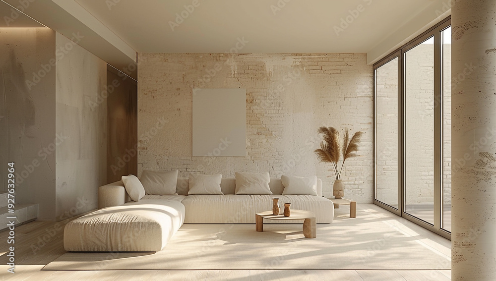 Fototapeta premium Minimalist living room featuring neutral tones, natural textures, and abundant natural light