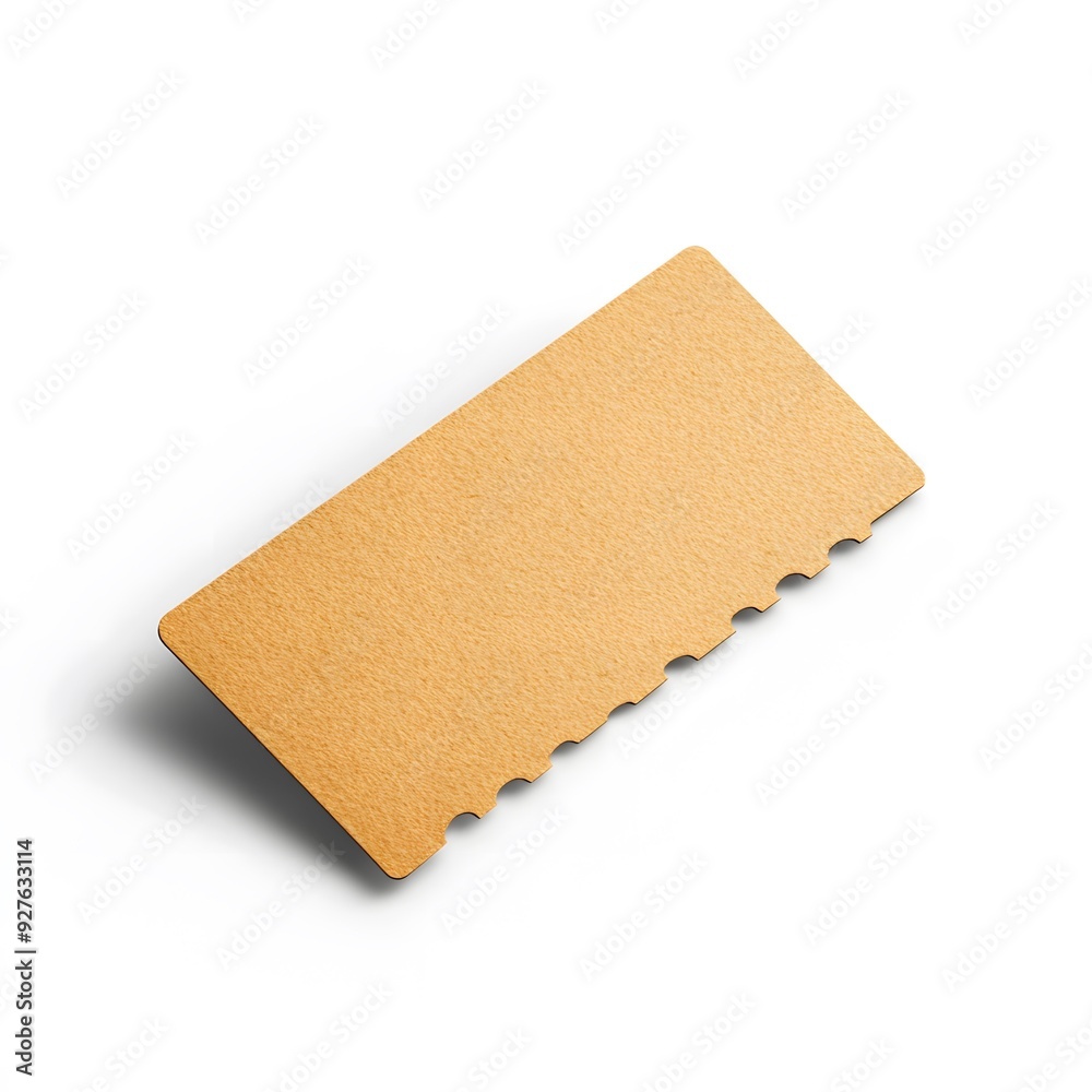 A blank, brown, rectangular ticket stub with scalloped edges, isolated on a white background. A blank, brown, rectangular ticket stub with scalloped edges, isolated on a white background.